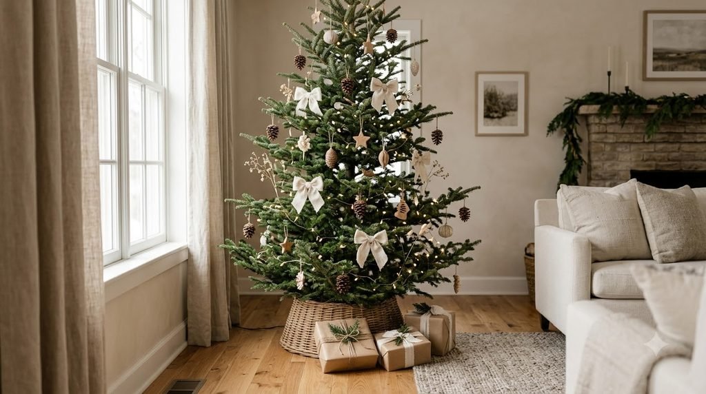 Rustic Christmas decor ideas featuring a Christmas tree decorated with wooden ornaments, pinecones, and warm white lights.