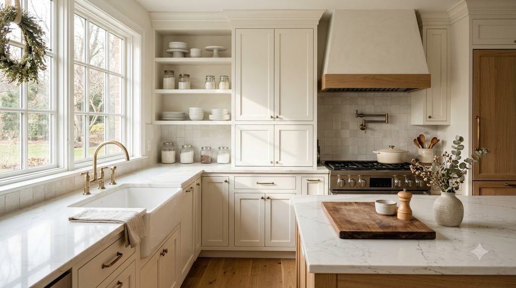 Clean organized kitchen counters ready for holiday cooking