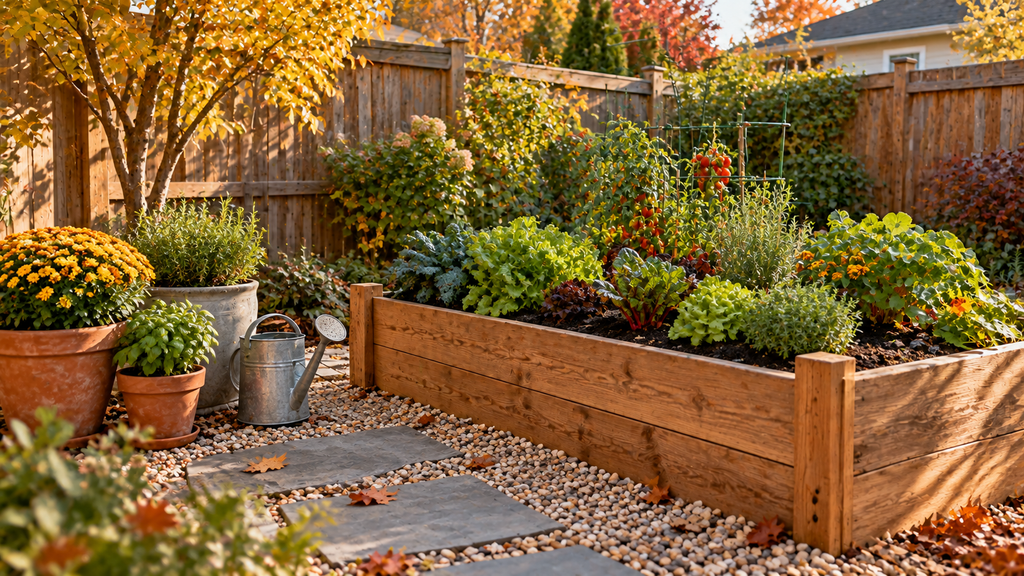 Backyard prepared for fall with outdoor cushions stored in a weather-resistant bench and patio furniture arranged neatly.