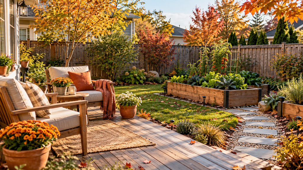 Fall backyard ideas featuring a cozy outdoor seating area, raised garden beds, seasonal plants, and warm natural lighting.