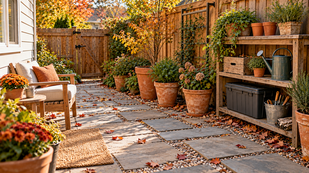 Organized fall backyard with gardening tools, neatly grouped pots, and a clear patio walkway.