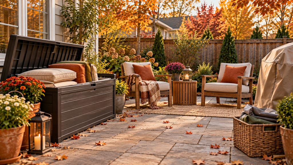 Small fall backyard growing area with a raised vegetable bed, leafy greens, herbs, and container plants.
