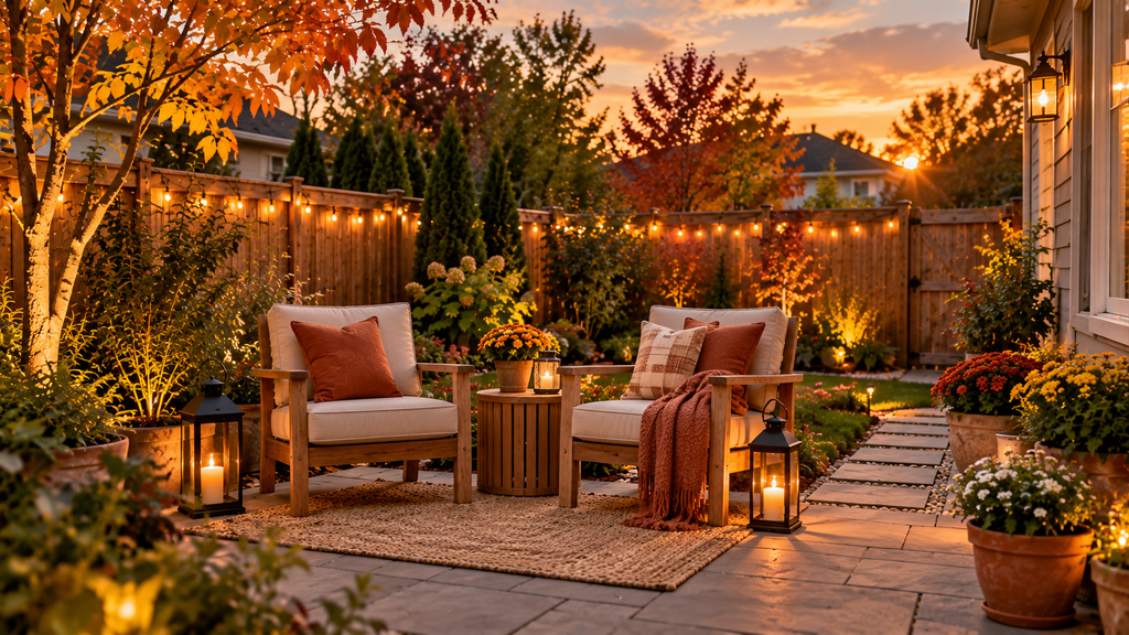 Fall backyard seating area with comfortable outdoor chairs, warm lighting, lanterns, and seasonal potted plants.