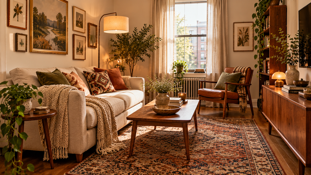 John Lennon and Yoko Ono home decor inspiration adapted for a small apartment with compact furniture, vintage accents, warm lighting, and organized displays.