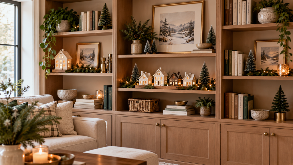 Bookshelf decorated with small Christmas trees, evergreen branches, and ceramic holiday houses.