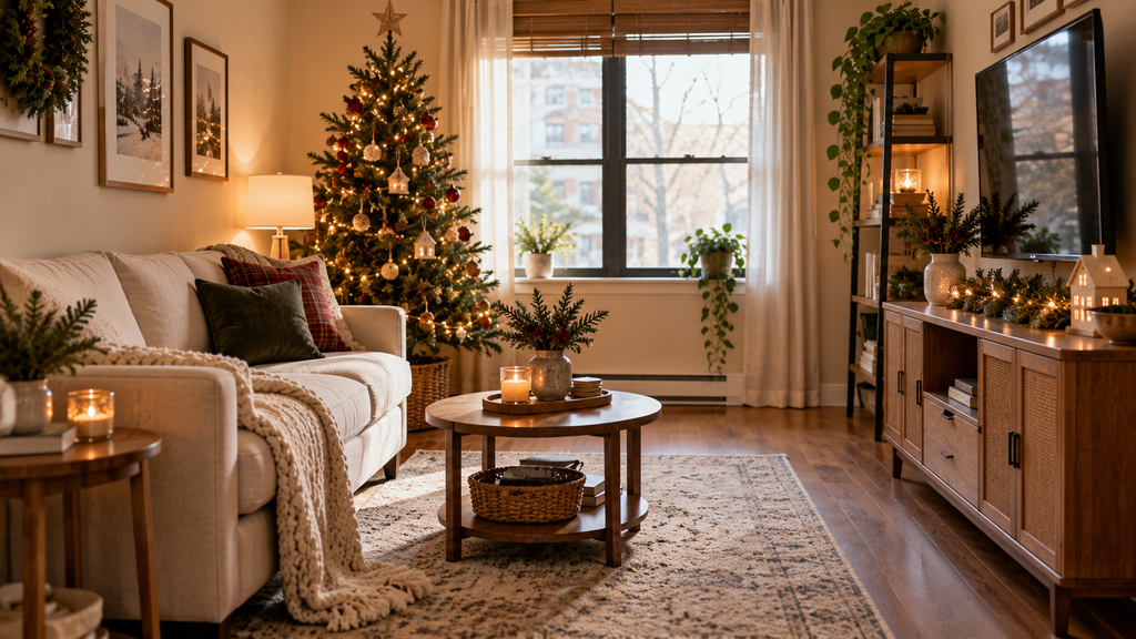 Slim Christmas tree beside a cream sofa in a small apartment living room without a fireplace.