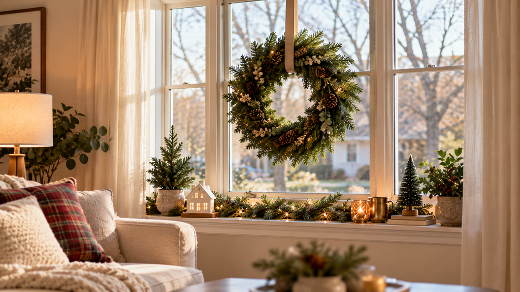 Slim Christmas tree beside a cream sofa in a small apartment living room without a fireplace.