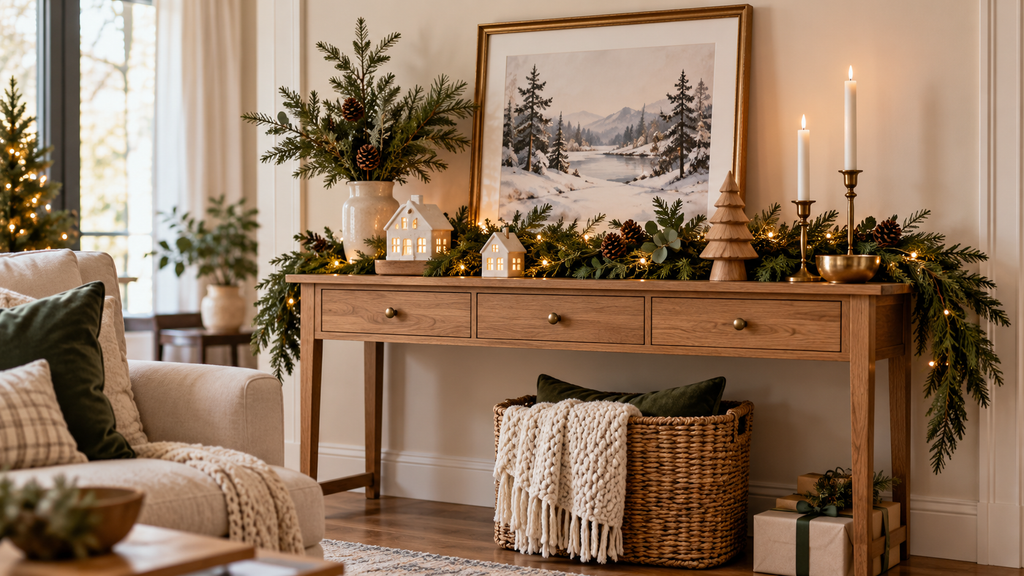 Christmas living room decorated with evergreen garland and a console table instead of a fireplace.