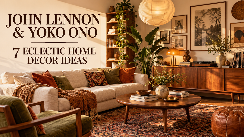 John Lennon and Yoko Ono home decor inspiration featuring a warm eclectic living room with vintage furniture, a patterned rug, and soft lighting.