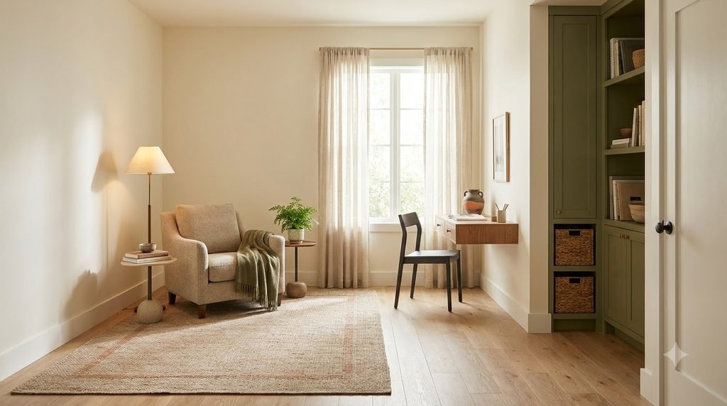 Multifunctional furniture and hidden storage in a flex room