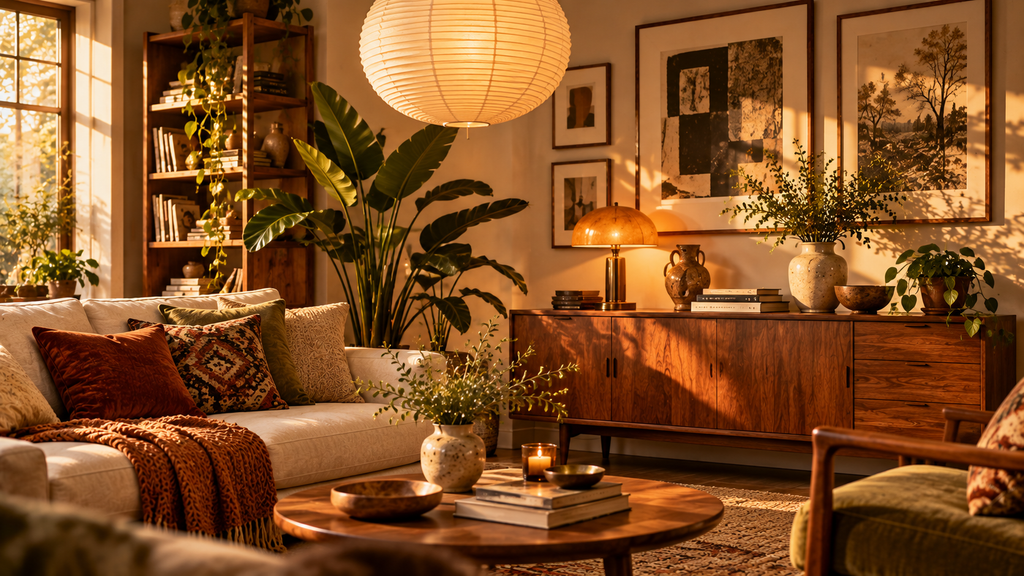 John Lennon and Yoko Ono home decor inspiration featuring a glowing paper lantern, vintage wooden sideboard, framed artwork, and curated personal objects.