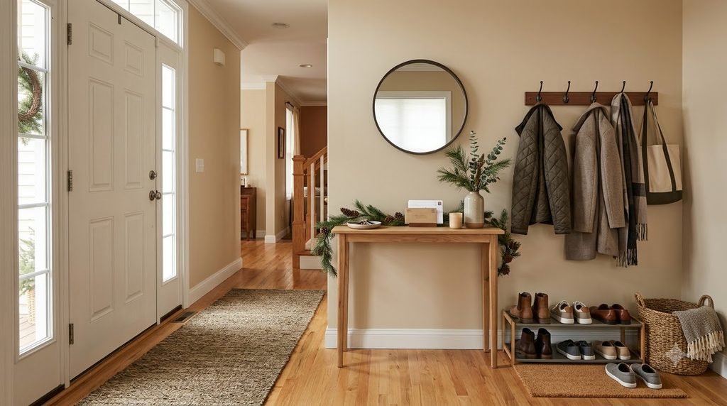 organized entryway with hooks baskets and shoe storage for holiday guests