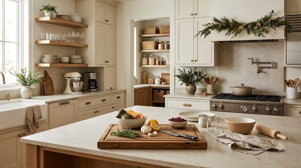 organized kitchen with clear counter space for holiday cooking