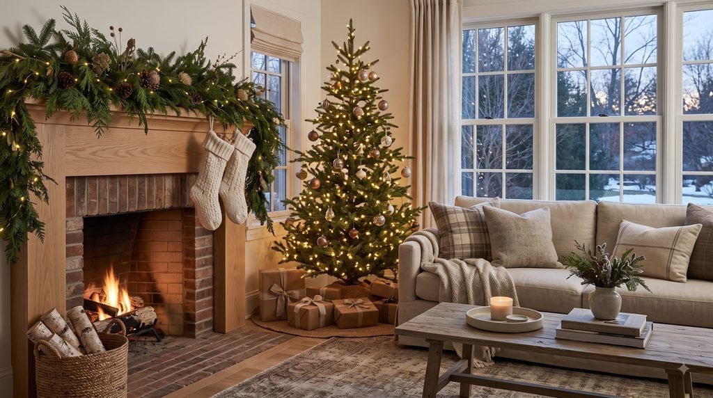 Rustic Christmas decor ideas featuring a cozy living room with natural wood, evergreen garland, cream stockings, and warm holiday lighting.