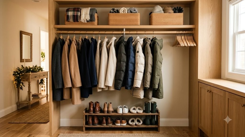 Decluttered coat closet with organized jackets shoes and baskets