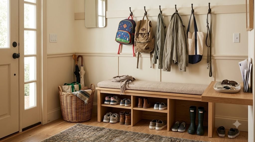 functional entryway organization system with accessible storage