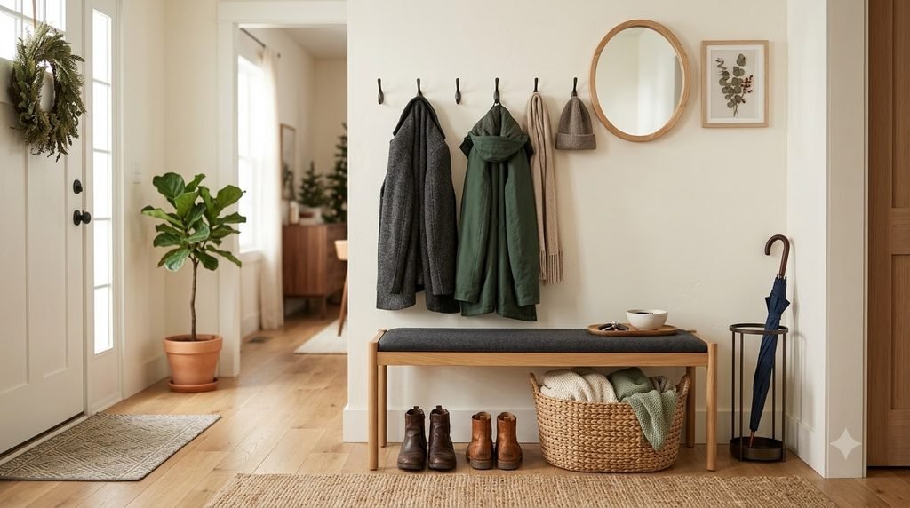 Organized entryway with coats shoes baskets and everyday essentials