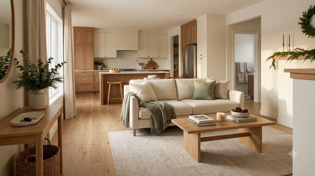 guest-ready home with organized living room kitchen and entryway