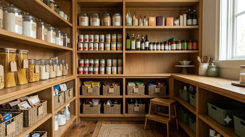 Organized pantry with baking ingredients and everyday food categories