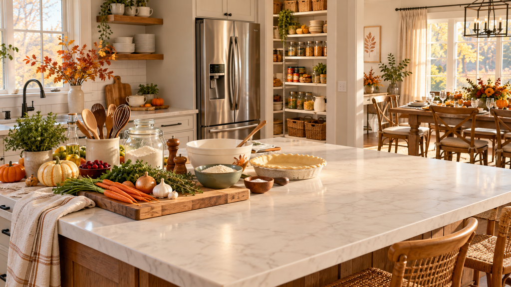 organized kitchen prepared for Thanksgiving cooking with clear counter space