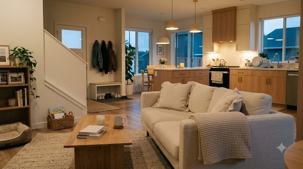 organized kitchen and living room during a 10-minute home reset