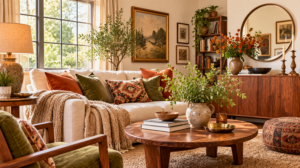 John Lennon and Yoko Ono home decor inspiration with warm neutral colors, textured cushions, natural wood, and a vintage-style patterned rug.
