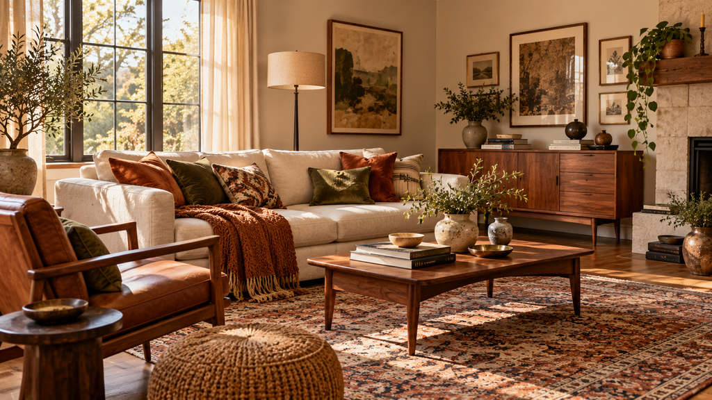 John Lennon and Yoko Ono home decor inspiration showing vintage wooden furniture mixed with a modern cream sofa and contemporary lighting.
