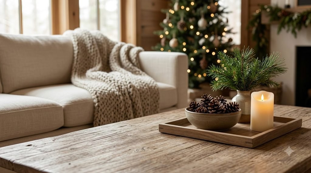 Rustic Christmas decor ideas with a wooden coffee table tray, pinecones, evergreen branches, and a cozy neutral living room.